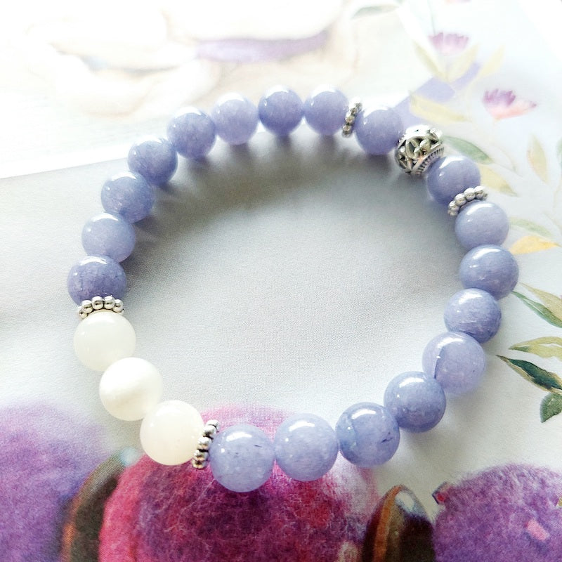Purple Chalcedony Bracelet with Moonstone and Decorative Silver Charm, Semiprecious Stone Jewelry