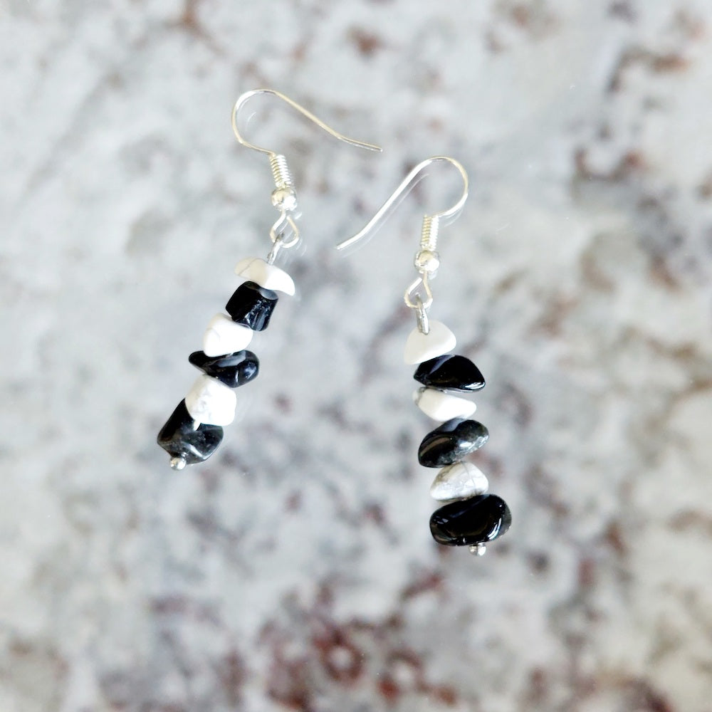 Onyx and Howlite Semi Precious Stone with 925 Sterling Silver Ear Hooks Drop Earrings Handmade