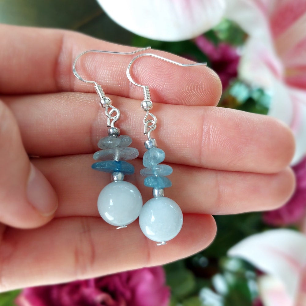 Aquamarine Semi Precious Stone With S925 Silver Ear Hooks Drop Earrings Handmade