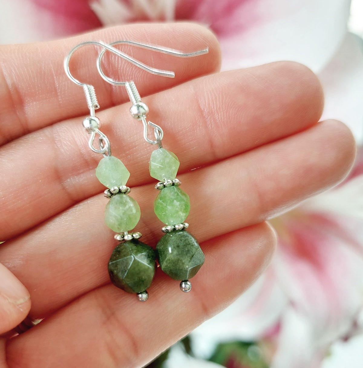 Peridot and Tourmaline Faceted Semi Precious Stone Drop Earrings Handmade