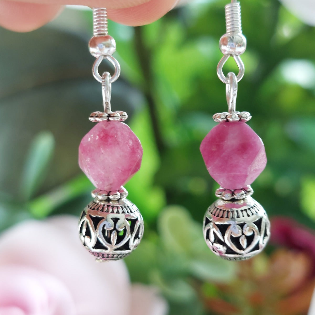 Pink Tourmaline Faceted Semi Precious Stone with Silver Charm Drop Earrings Handmade