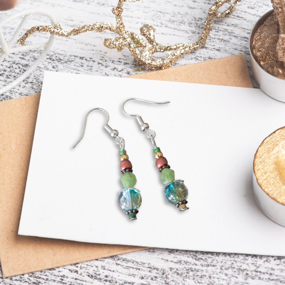 Tourmaline and Crystal Glass Beads Drop Earrings Sterling Silver Handmade