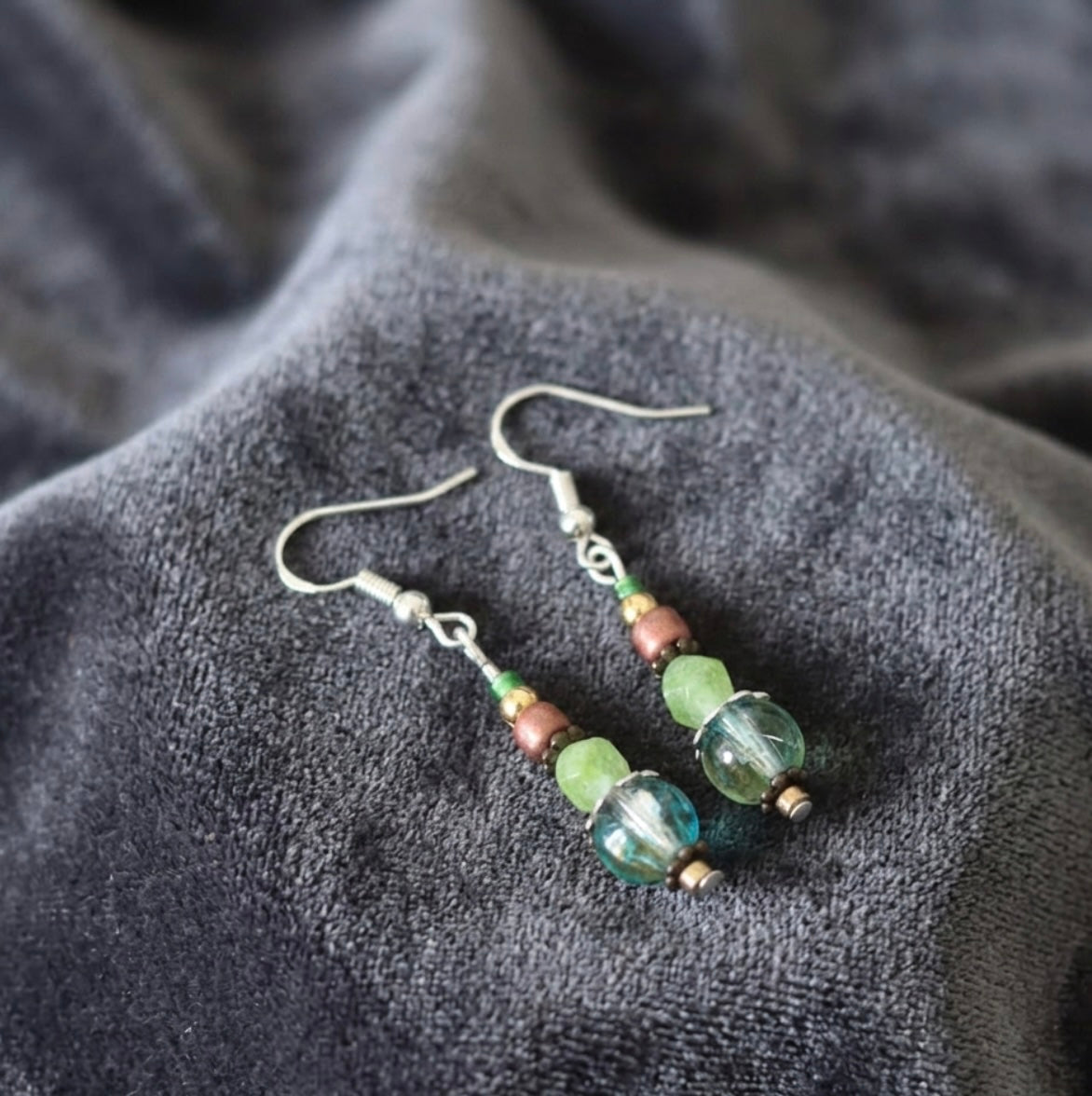 Tourmaline and Crystal Glass Beads Drop Earrings Sterling Silver Handmade