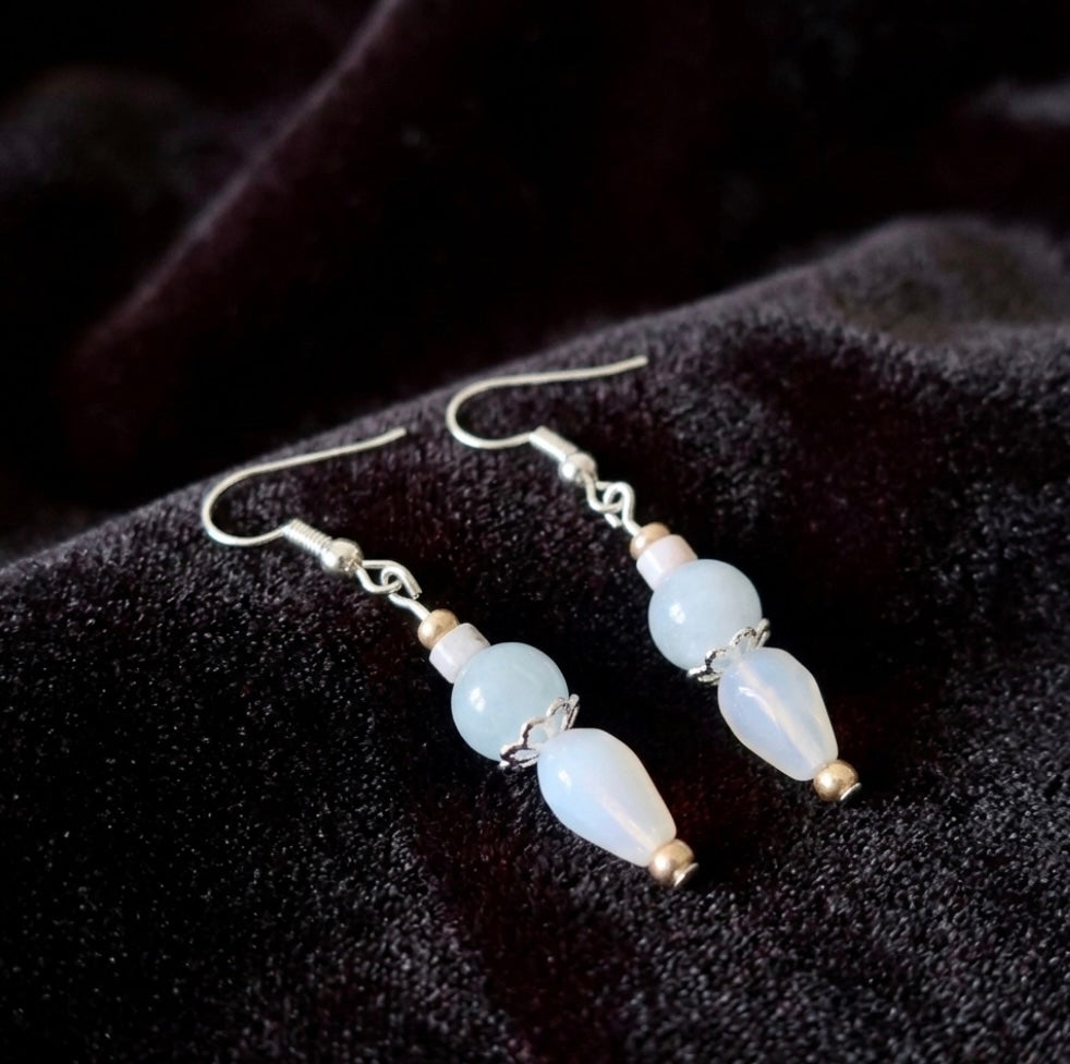 Aquamarine and Agate Natural Stone with Silver Accent Handmade Drop Earrings