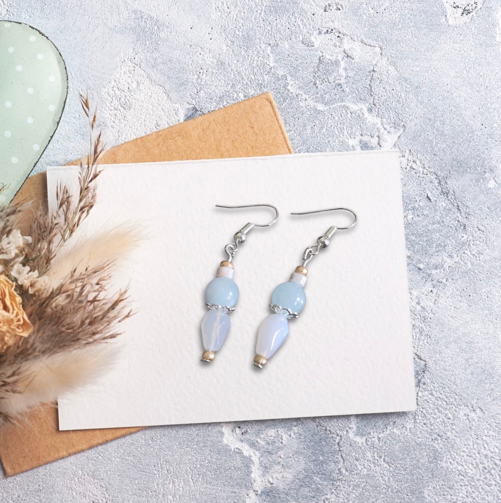 Aquamarine and Agate Natural Stone with Silver Accent Handmade Drop Earrings