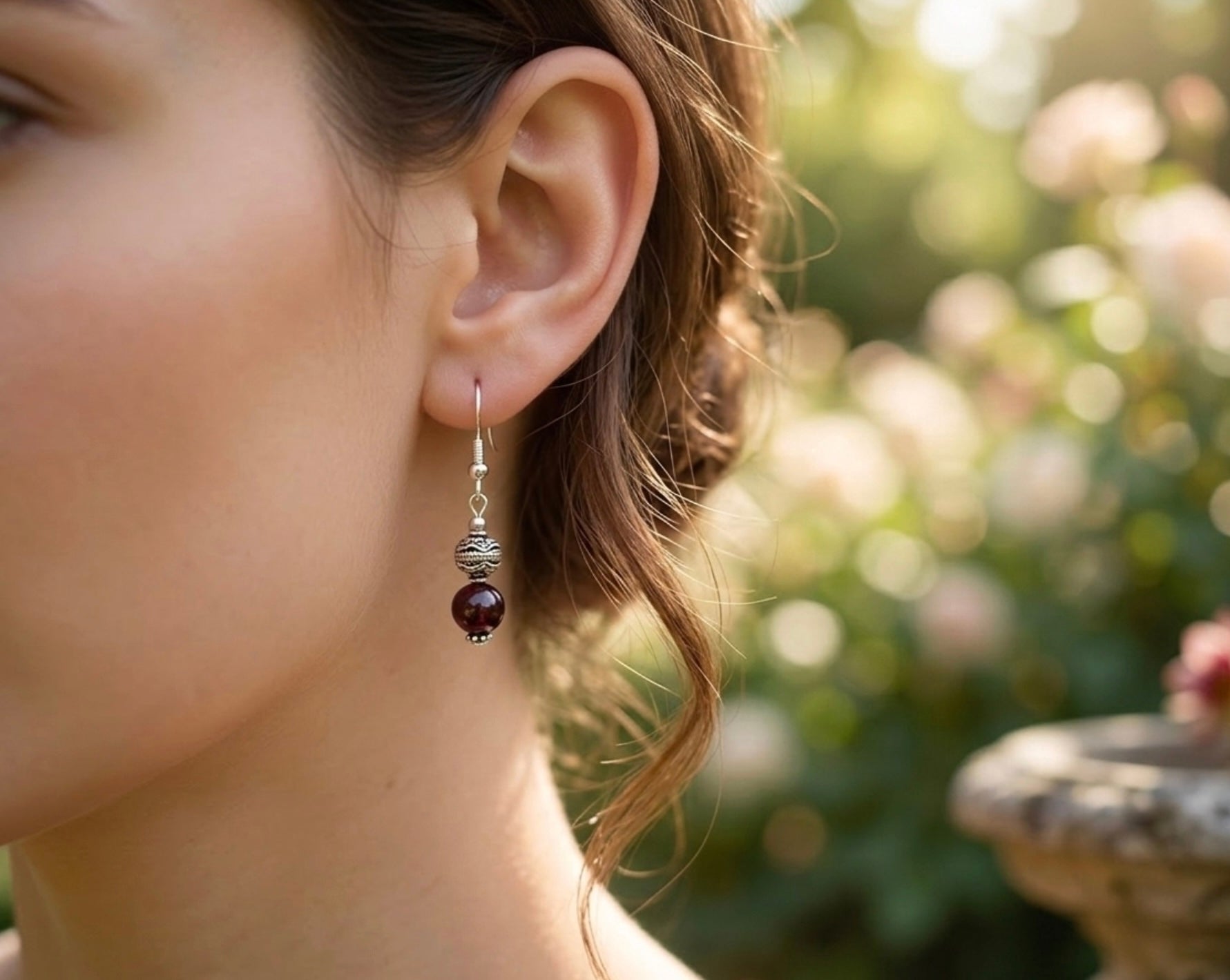 Garnet Natural Stone with Decorative Silver Bead Drop Earrings
