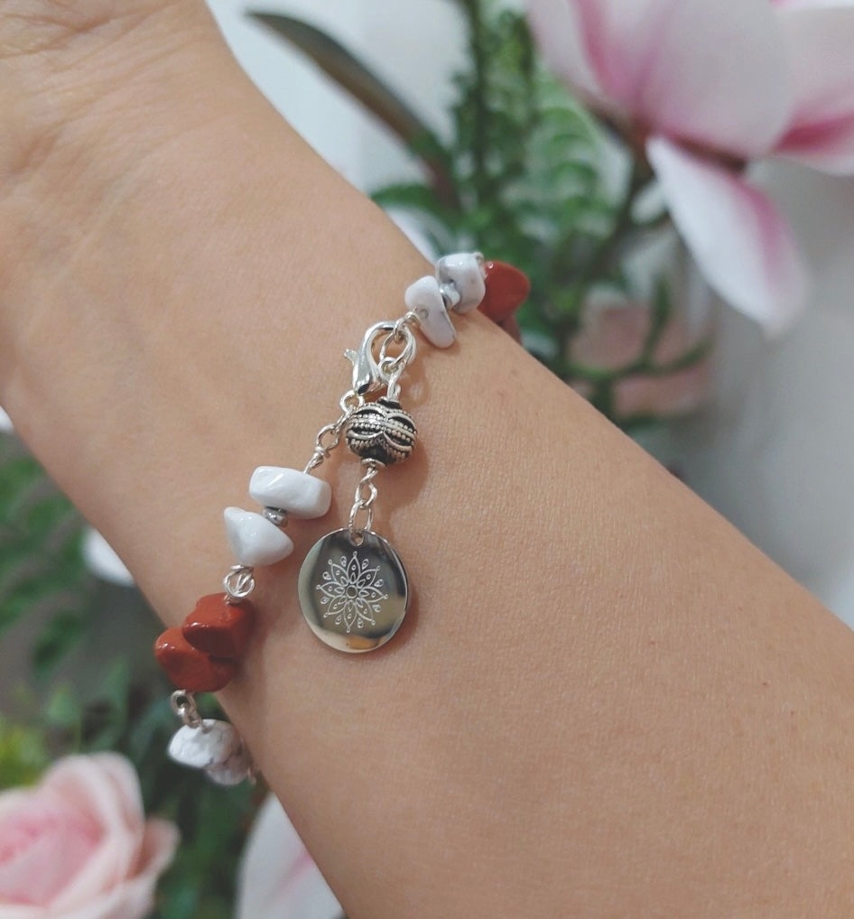 Red Jasper and Howlite Stone Bracelet with Decorative Silver Charm, Semiprecious Stone Jewelry