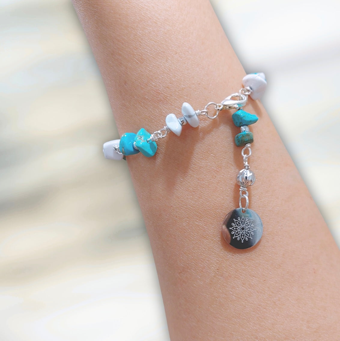 Turquoise and Howlite Stone Wire Bracelet with Decorative Silver Charm and Lobster Clasp, Semiprecious Stone Jewelry