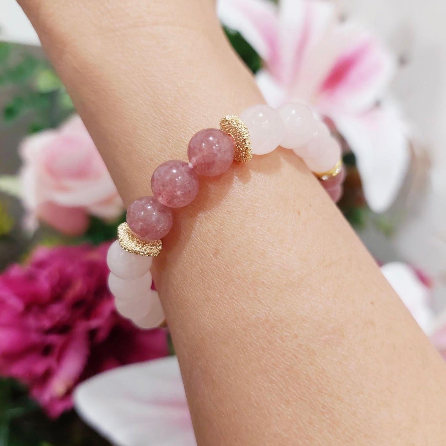 Strawberry Quartz and Rose Quartz with Decorative 18k Gold Charm, Semiprecious Stone Jewelry