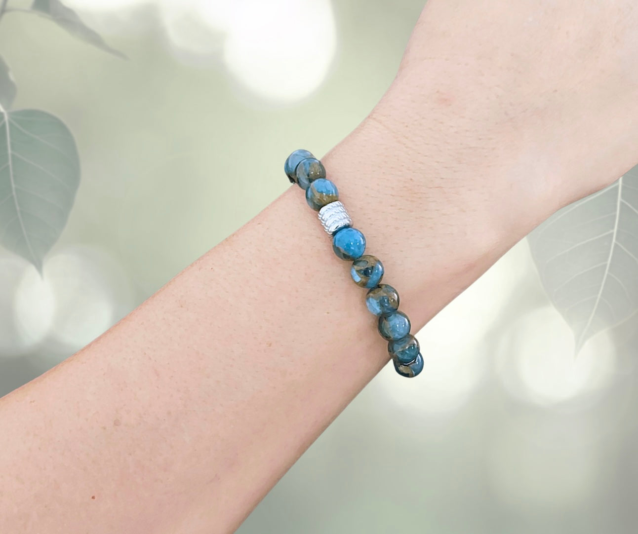 Variscite - Natural Lake Blue Cloisonne Jasper Bracelet with Stainless Steel Charm Semiprecious Stone Jewelry