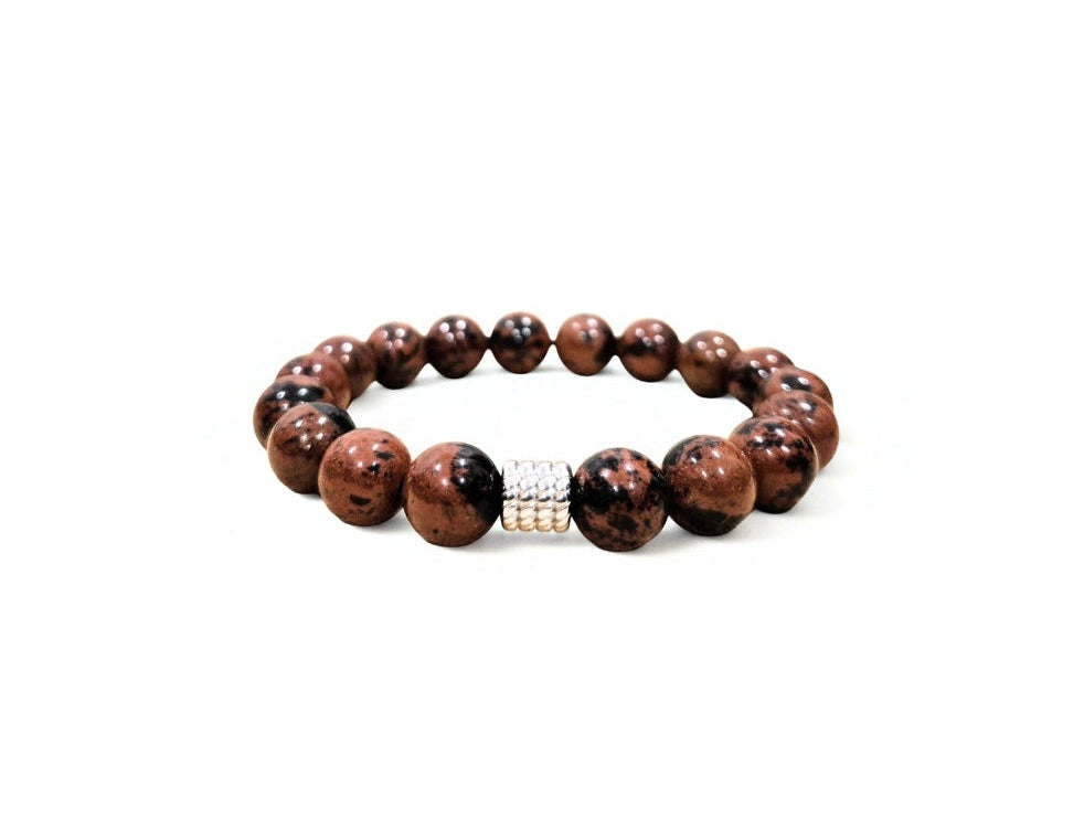 Mahogany Obsidian Bracelet with Decorative Stainless Steel Charms Silver Charm, Semiprecious Stone Jewelry