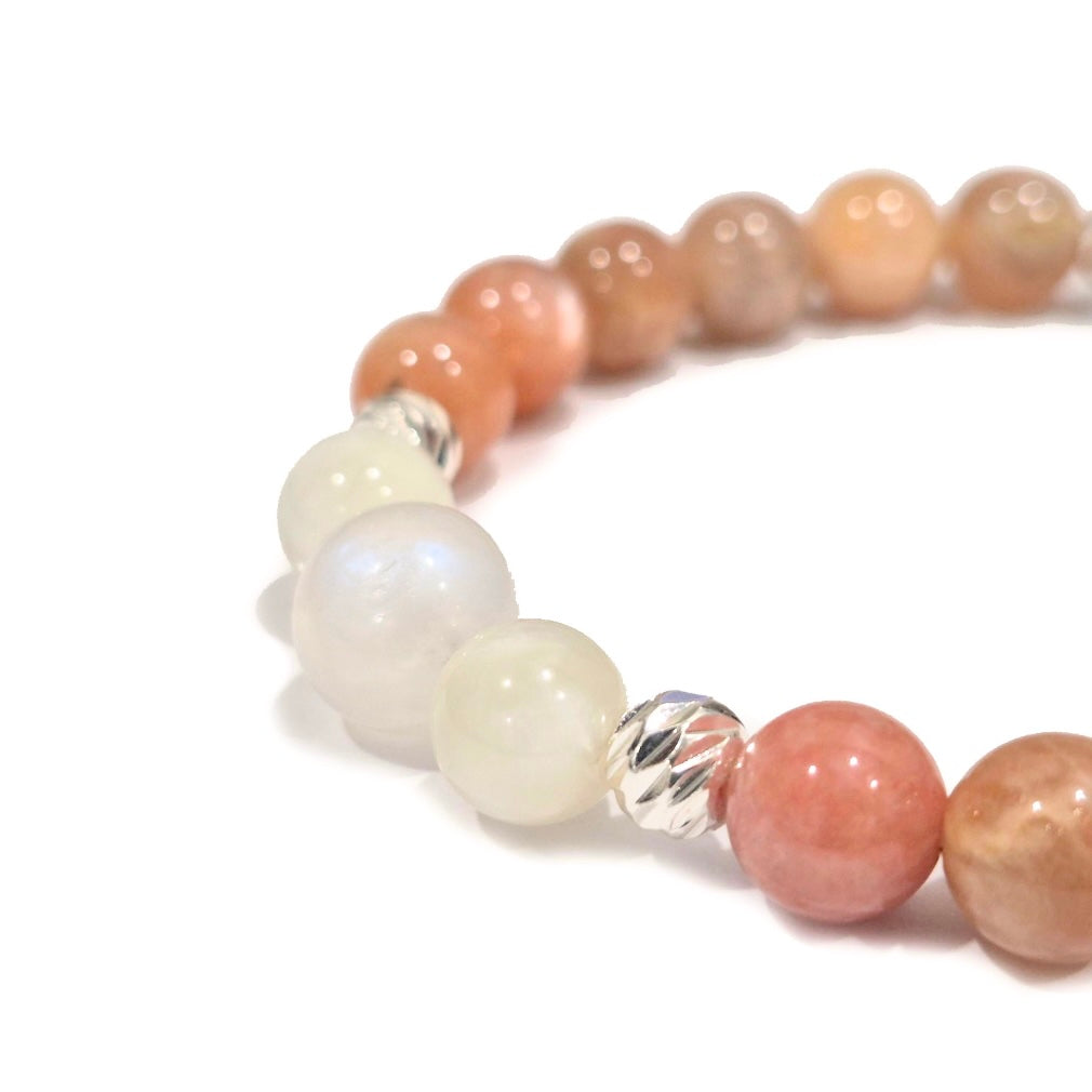 Moonstone Bracelet with Decorative Silver Charms, Semiprecious Stone Jewelry