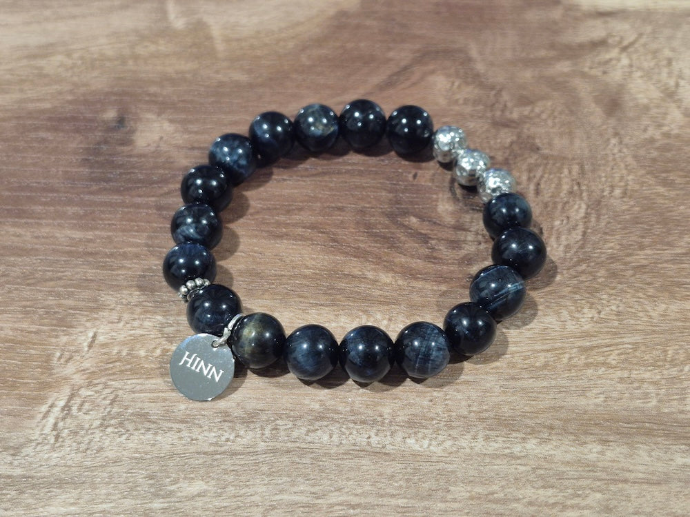 Deep Blue Tiger's eye Bracelet with Decorative Silver Bead Charm, Semiprecious Stone Jewelry