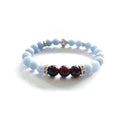 Angelite and Garnet Bracelet with Decorative Silver Charm, Semiprecious Stone Jewelry