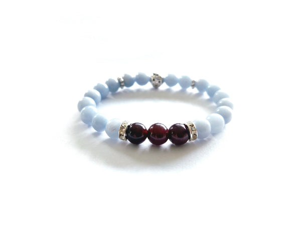 Angelite with Garnet Bracelet and Decorative Silver Charm, Semiprecious Stone Jewelry
