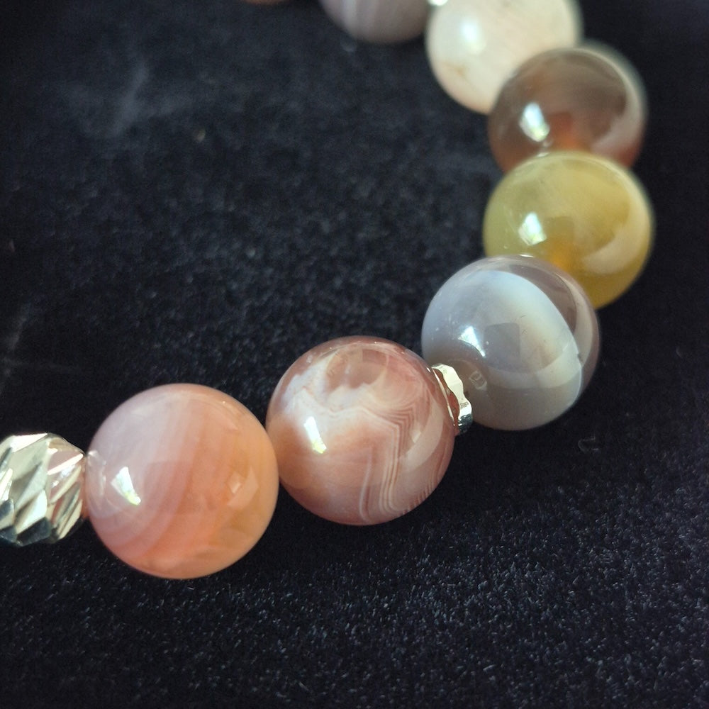 Agate Bracelet with Decorative Silver Charm, Natural Semiprecious Stone Bracelet