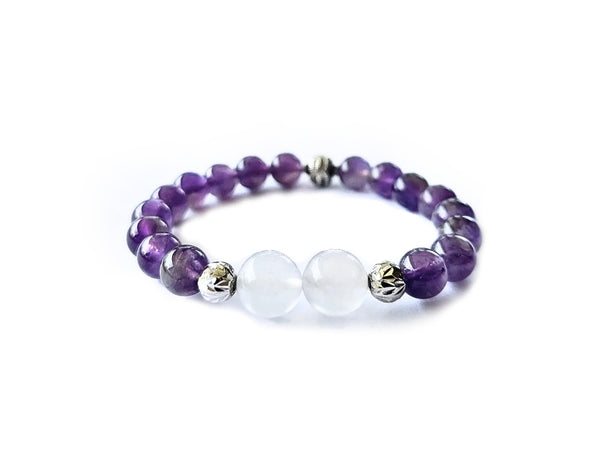 Amethyst Bracelet with Moonstone and Decorative Silver Charm, Semiprecious Stone Jewelry