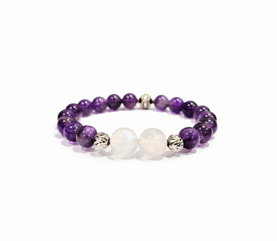 Amethyst and Moonstone Bracelet with Decorative Silver Charm, Semiprecious Stone Jewelry