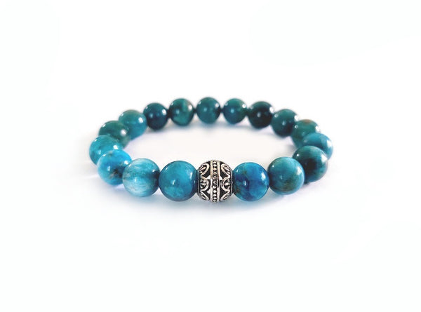 Apatite Bracelet with Decorative Floral Silver Charm, Semiprecious Stone Bracelet