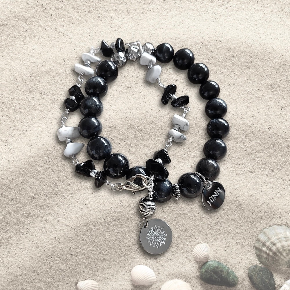 Onyx and Howlite Stone Bracelet with Decorative Silver Charm, Semiprecious Stone Jewelry
