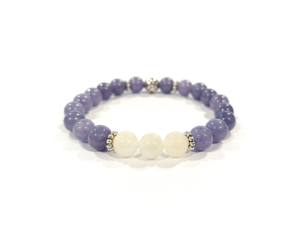 Purple Chalcedony Bracelet with Moonstone and Decorative Silver Charm, Semiprecious Stone Jewelry