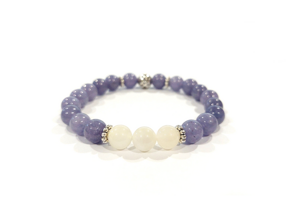 Chalcedony Bracelet with Moonstone and Decorative Silver Charm, Semiprecious Stone Jewelry