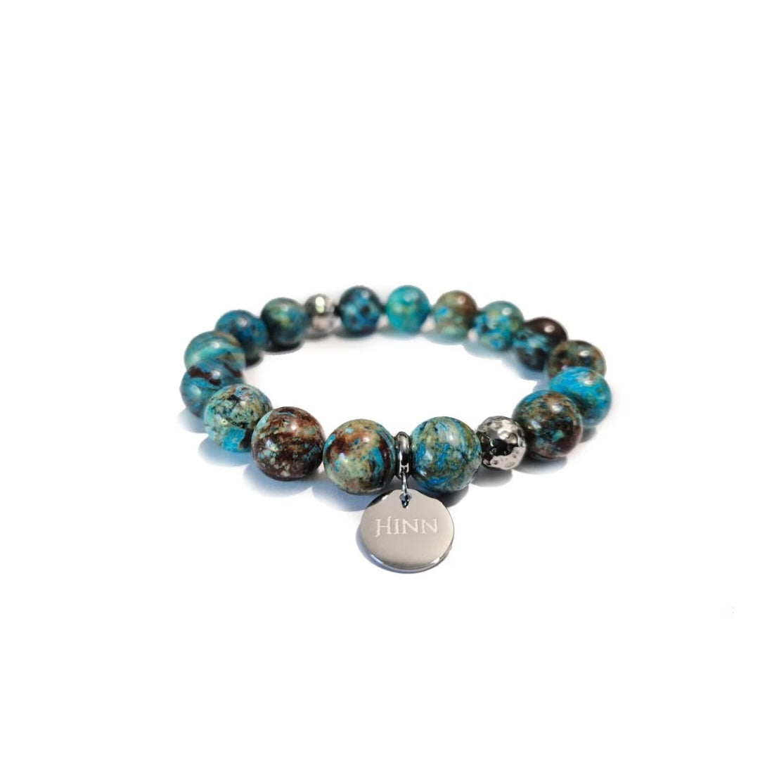Chrysocolla Bracelet with Decorative Silver Charms, Semiprecious Stone Jewelry