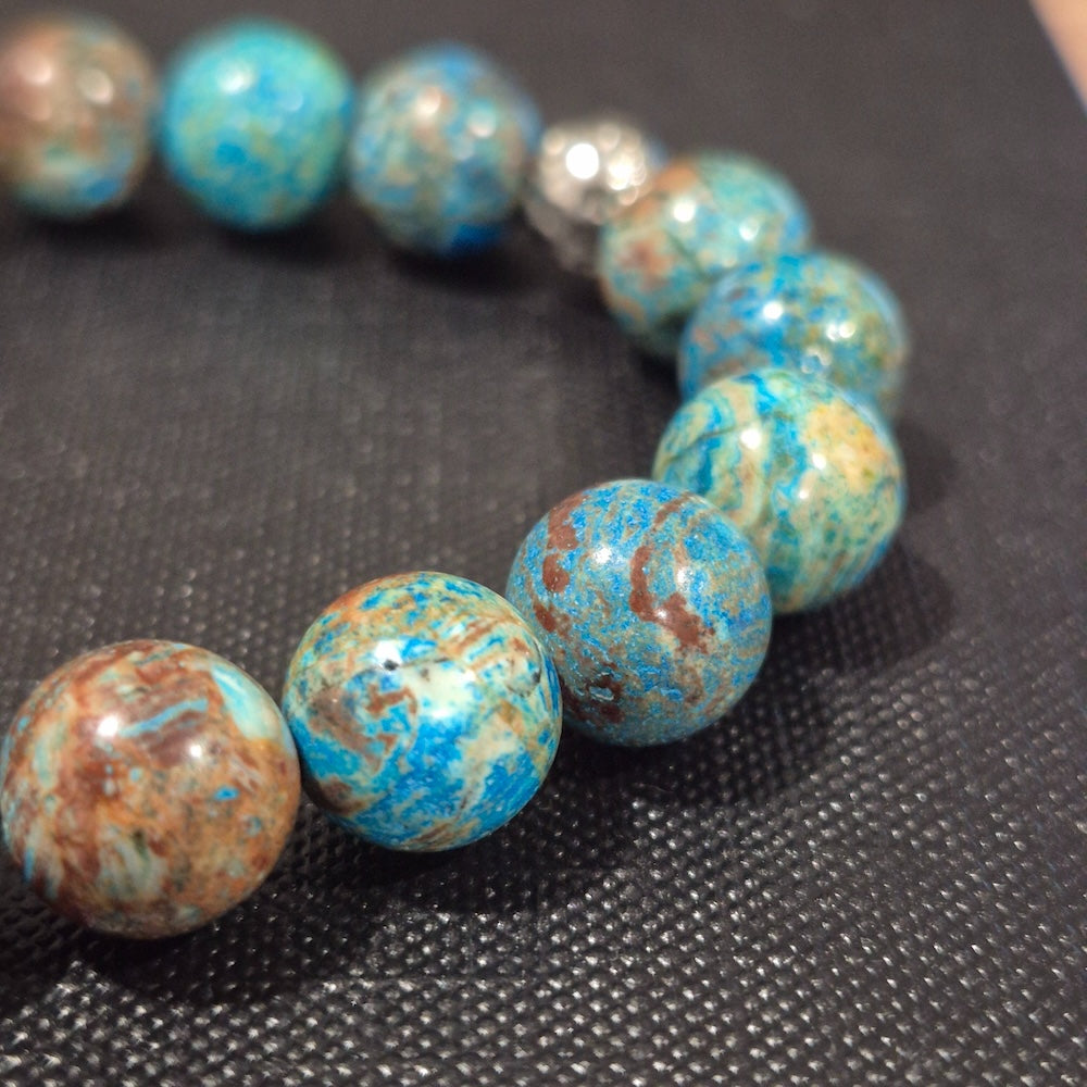 Chrysocolla Bracelet with Decorative Silver Charms, Semiprecious Stone Jewelry