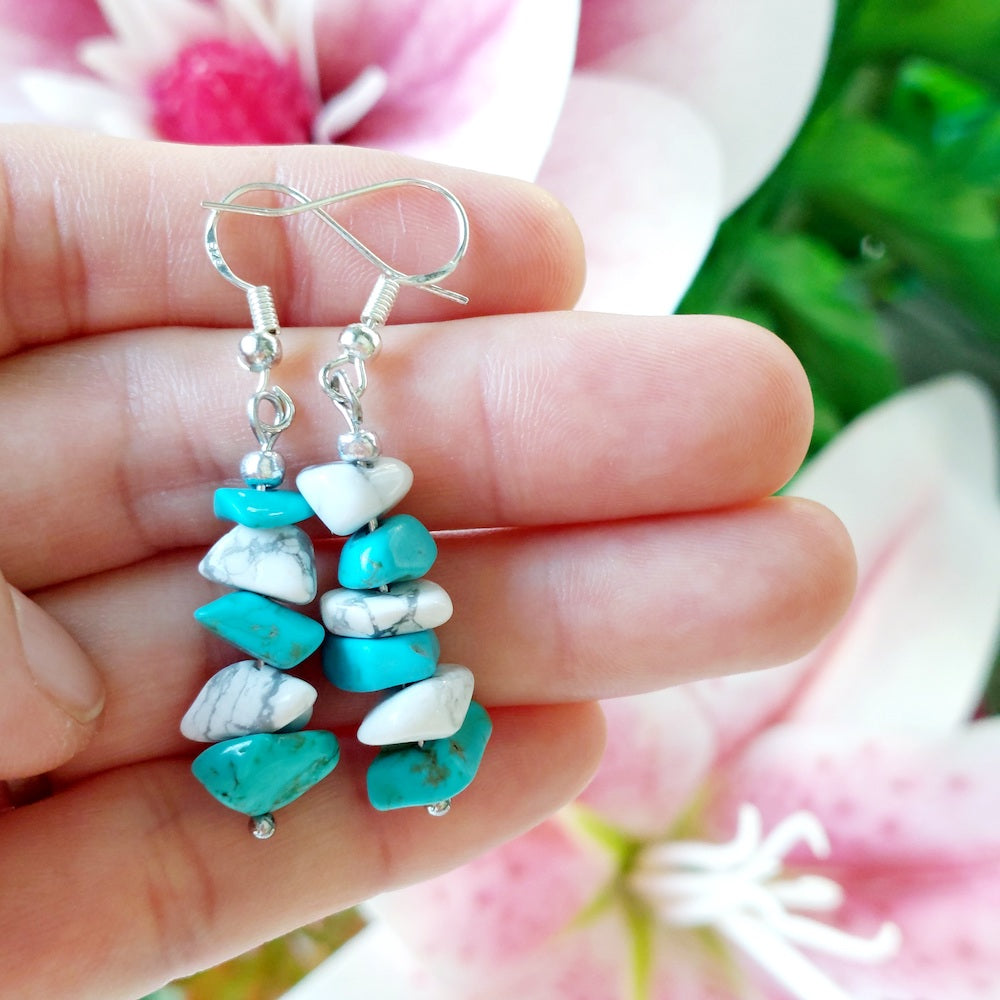 Turquoise and Howlite Semi Precious Stone With 925 Sterling Silver Ear Hooks Drop Earrings Handmade