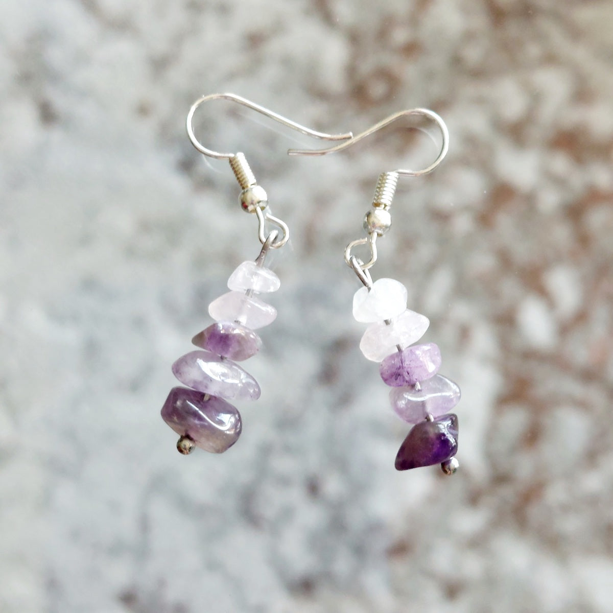 Amethyst and Quartz Semi Precious Stone Drop Earrings Handmade