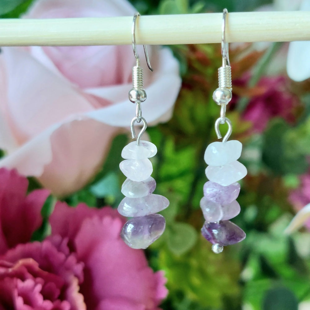 Amethyst and Quartz Semi Precious Stone Drop Earrings Handmade