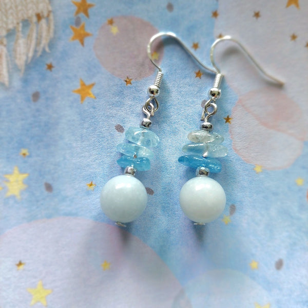 Aquamarine Semi Precious Stone With S925 Silver Ear Hooks Drop Earrings Handmade