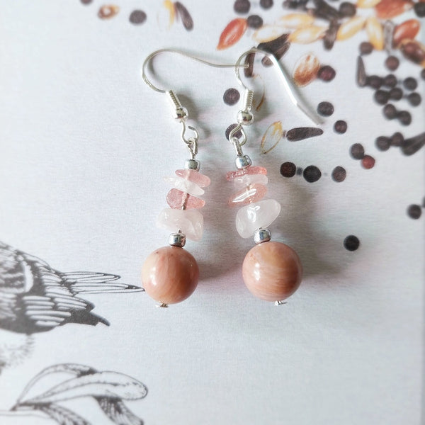Rhodonite and Rose Quartz Semi-Precious Stone With S925 Silver Ear Hooks Drop Earrings Handmade