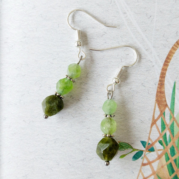 Peridot and Tourmaline Faceted Semi Precious Stone Drop Earrings Handmade