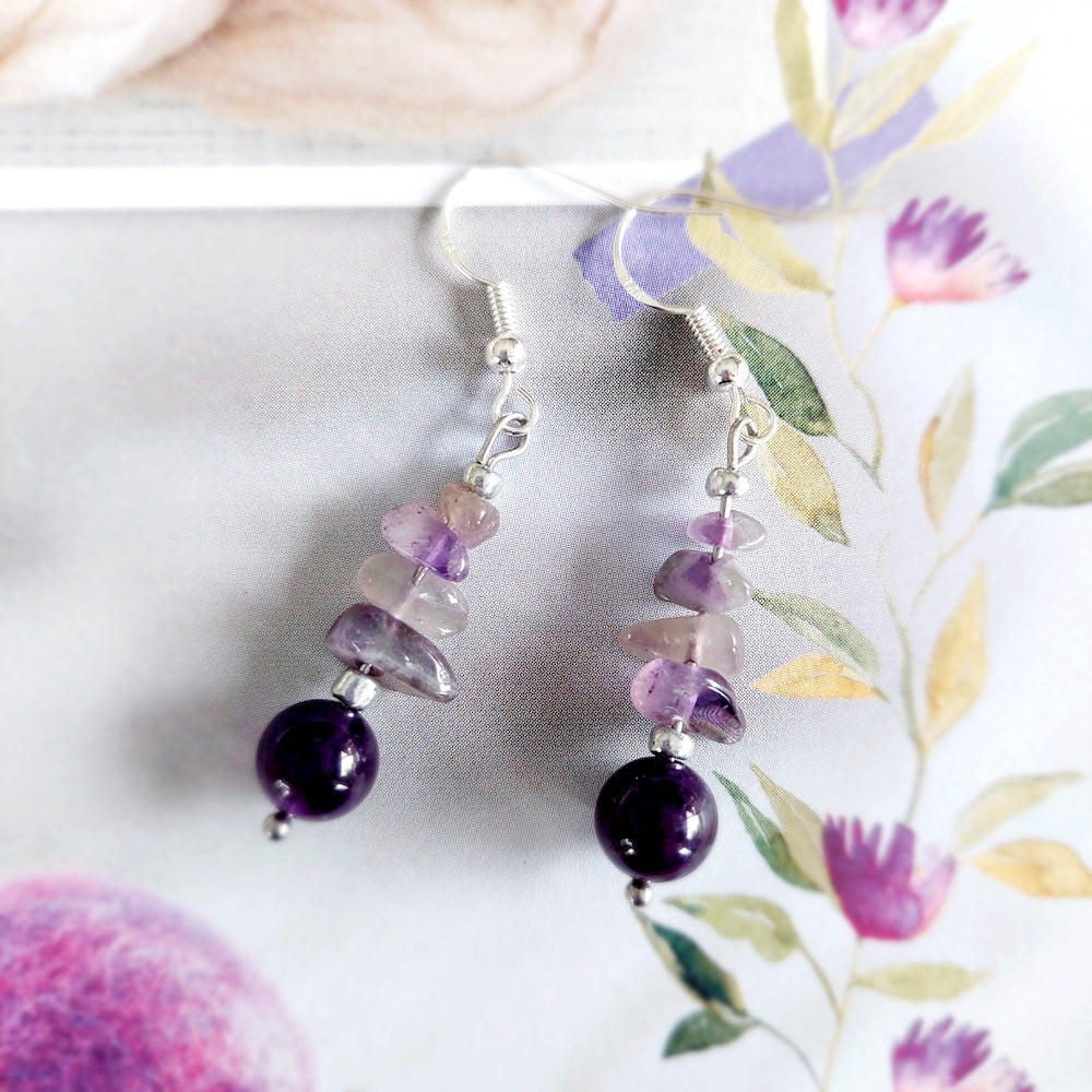 Amethyst Semi Precious Stone with S925 Silver Ear Hooks Drop Earrings Handmade