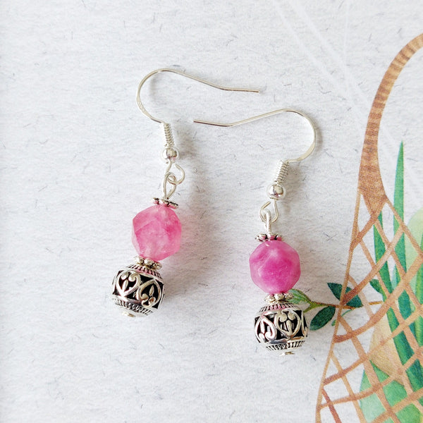 Pink Tourmaline Faceted Semi Precious Stone with Silver Charm Drop Earrings Handmade