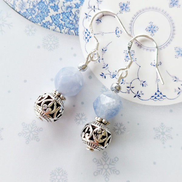 Blue-Purple Tourmaline Faceted Semi Precious Stone with Silver Charm Drop Earrings Handmade