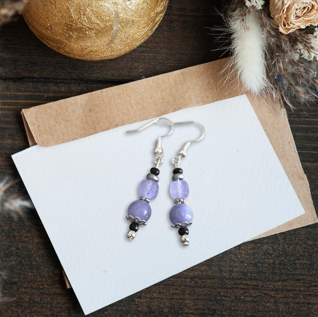 Lavender Jade and Chalcedony Natural Stone Drop Earrings Handmade