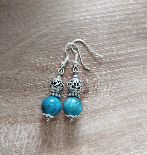 Apatite Semi Precious Stone with Silver Charm Earrings, 925 Sterling Silver Ear Hooks Drop Earrings Handmade