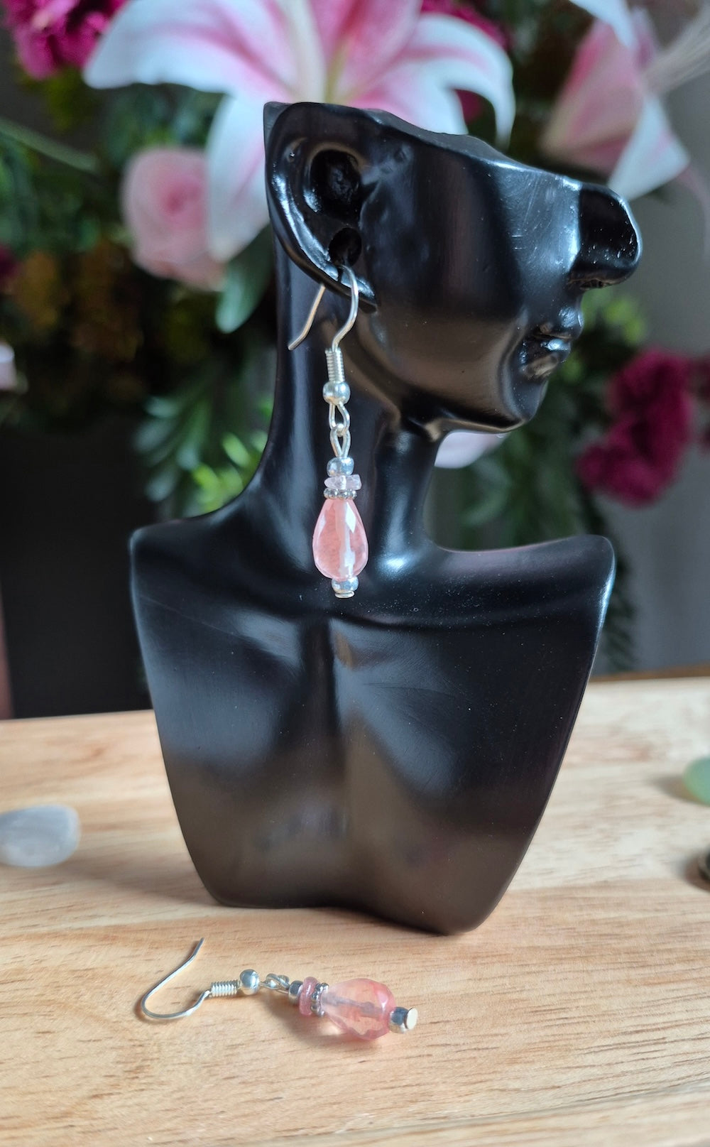 Faced Teardrop Pink Quartz Natural Gemstone Drop Earrings, Handmade Drop Earrings