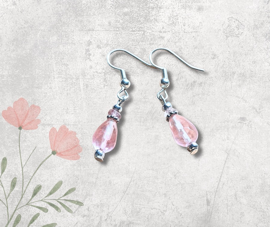 Faced Teardrop Pink Quartz Natural Gemstone Drop Earrings, Handmade Drop Earrings