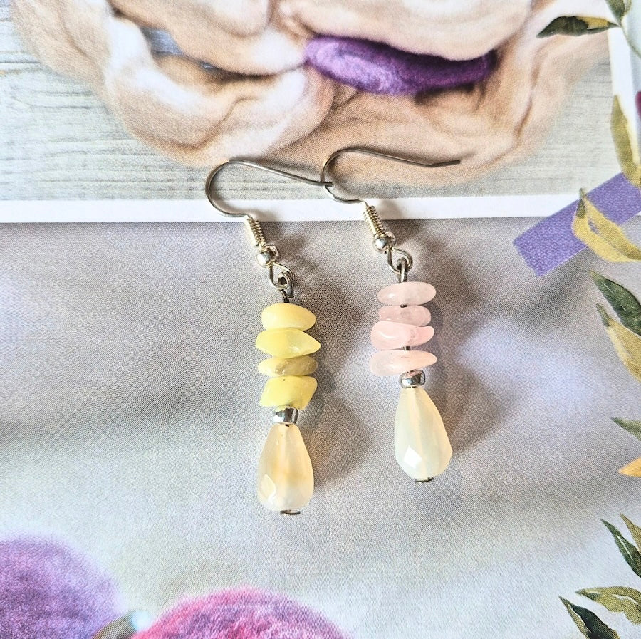 Natural Gemstone Agate and Quartz Drop Earrings, Handmade Drop Earrings