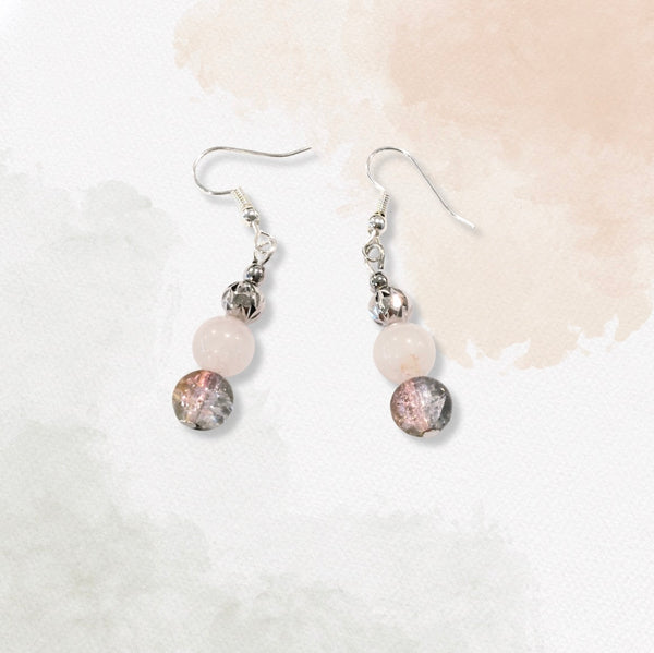 Rose Quartz with Crystal Grass and Silver Charm Earrings, Handmade Drop Earrings