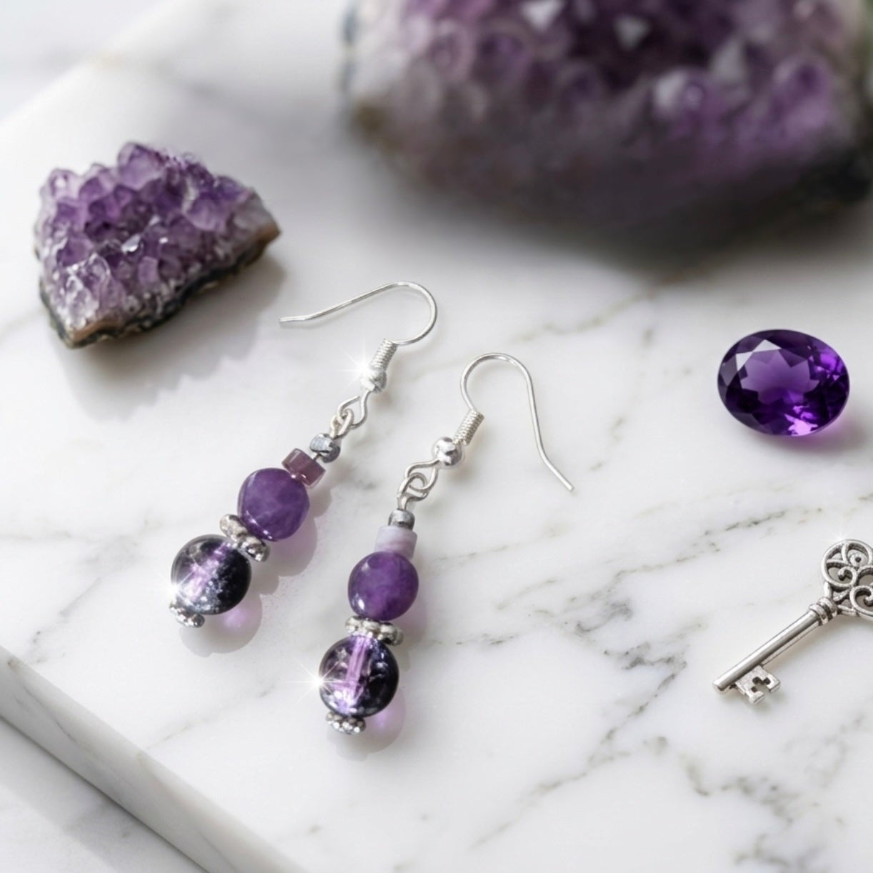 Natural Amethyst and Purple Crystal Glass Purple and Silver Toned Drop Earrings Handmade