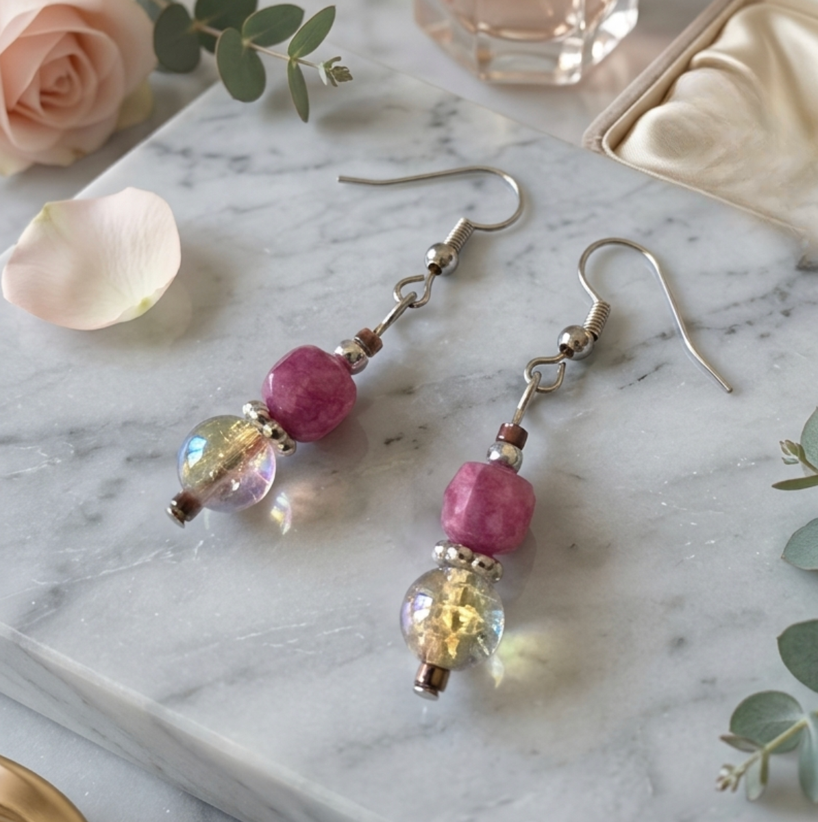 Pink Magenta Tourmaline and Chrystal Glass Drop Earrings Handmade