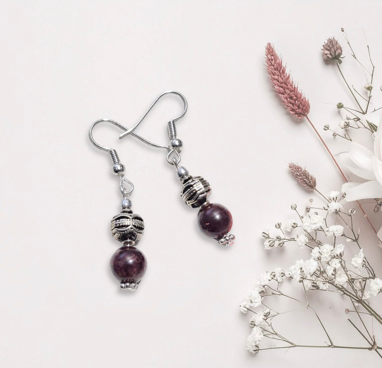 Garnet Natural Stone with Decorative Silver Bead Drop Earrings