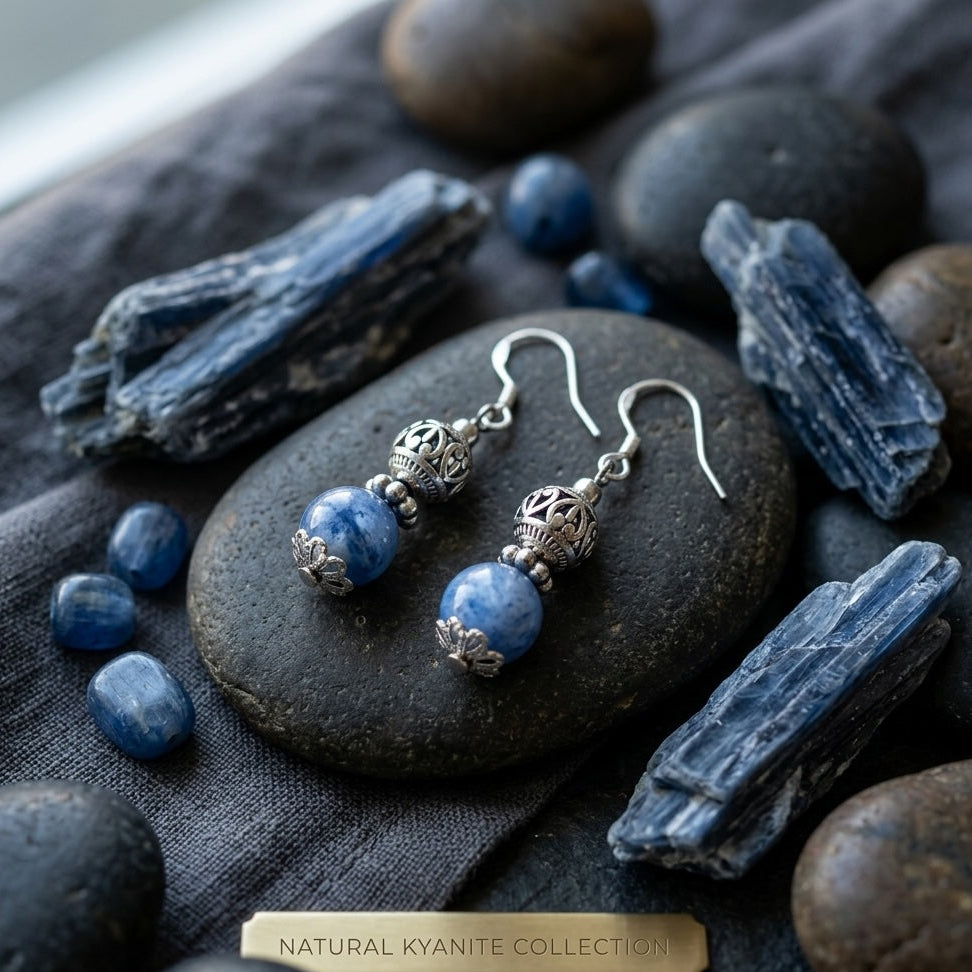 Blue Kyanite Natural Stone with Silver Bead Drop Earrings Handmade