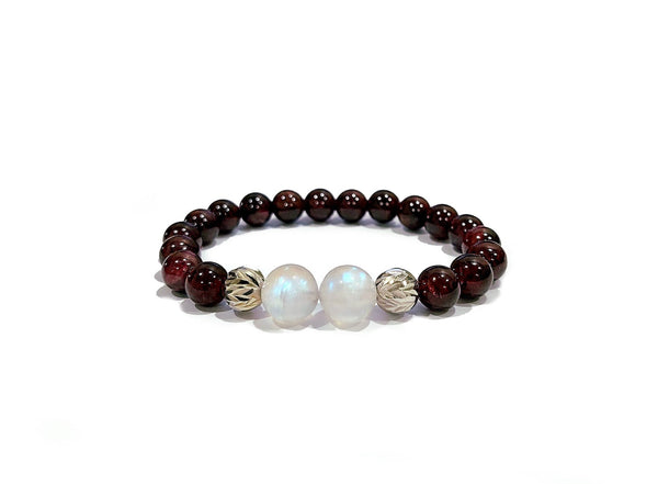 Garnet Bracelet with Moonstone and Decorative S925 Silver Rhodium plated Charm, Semiprecious Stone Jewelry
