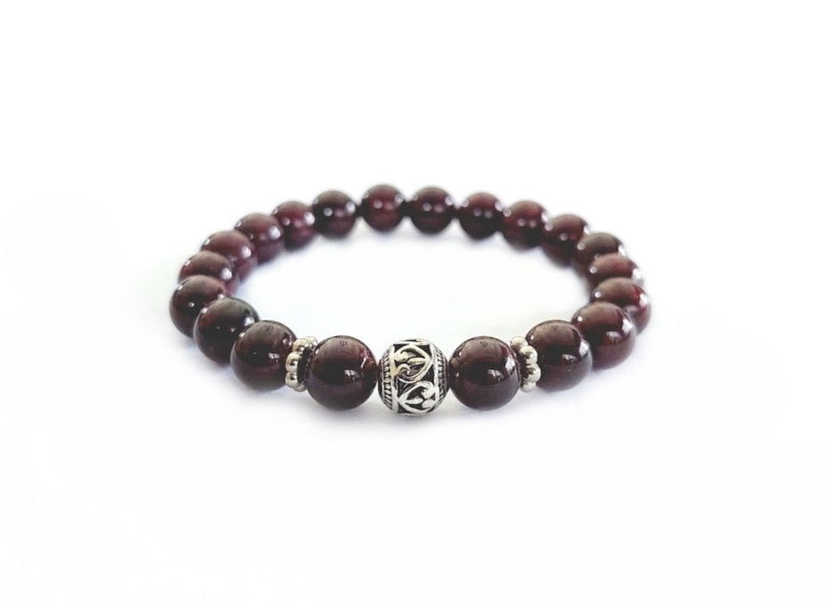 Garnet Bracelet with Decorative Floral Silver Charm Jewelry