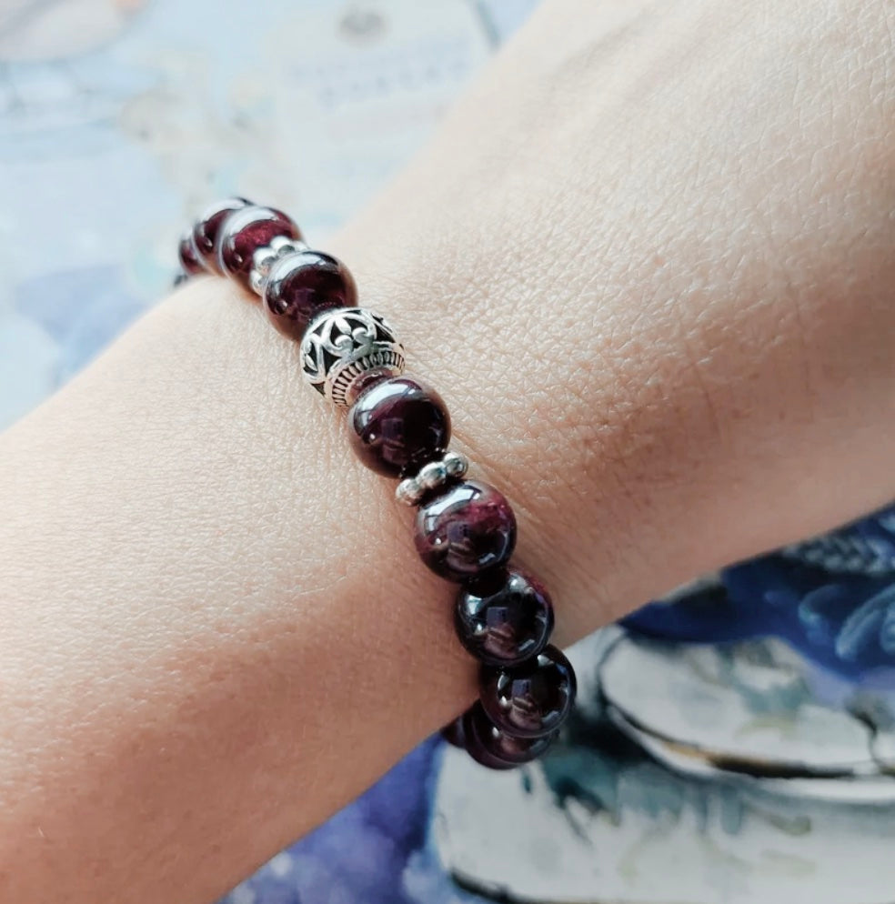 Garnet Bracelet with Decorative Floral Silver Charm Jewelry